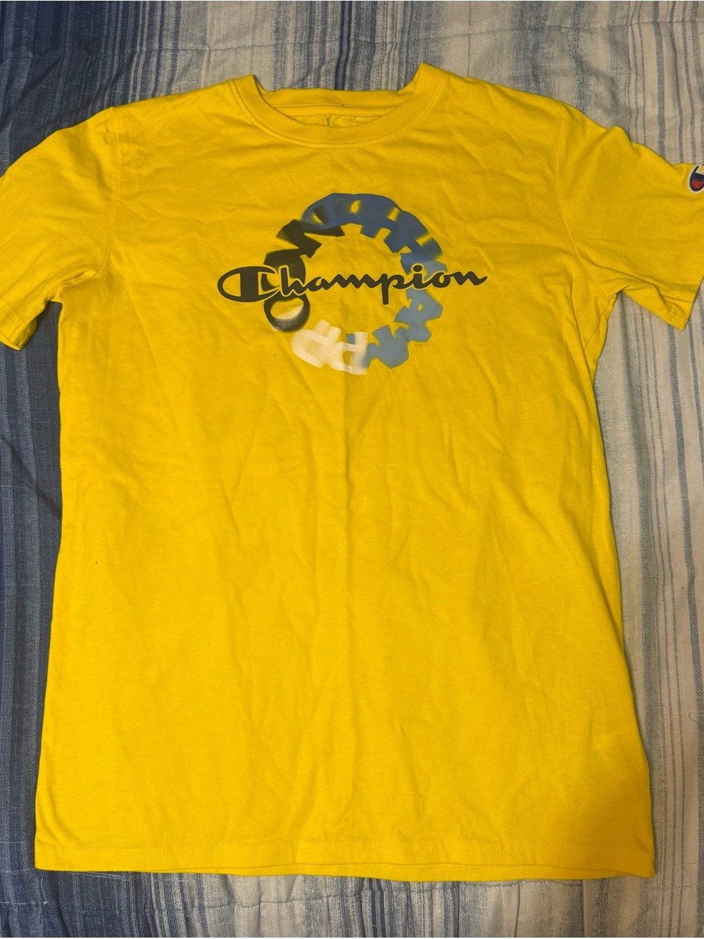 Champion Bright Yellow Logo Tee with Blue Accent